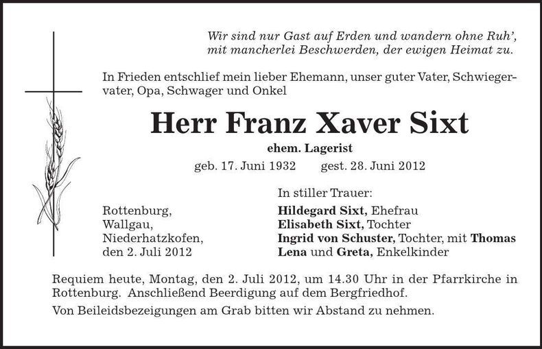Traueranzeige Franz Xaver Sixt