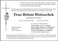 Traueranzeige Helene Woitaschek