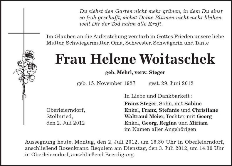 Traueranzeige Helene Woitaschek
