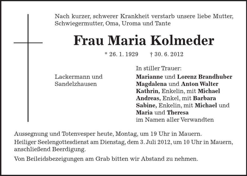 Traueranzeige Maria Kolmeder
