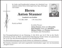 Traueranzeige Anton Stauner