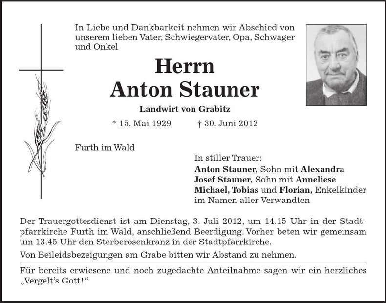 Traueranzeige Anton Stauner