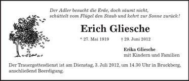Traueranzeige Erich Gliesche