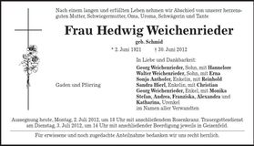 Traueranzeige Hedwig Weichenrieder