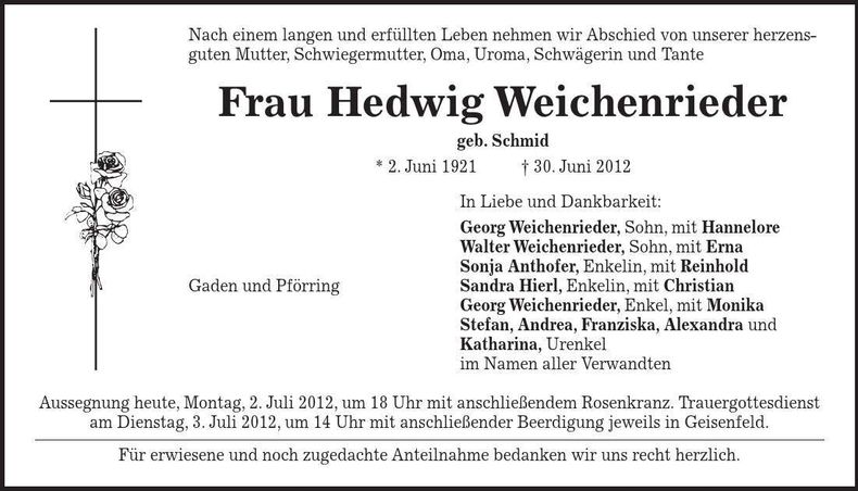 Traueranzeige Hedwig Weichenrieder