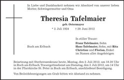 Traueranzeige Theresia Tafelmaier