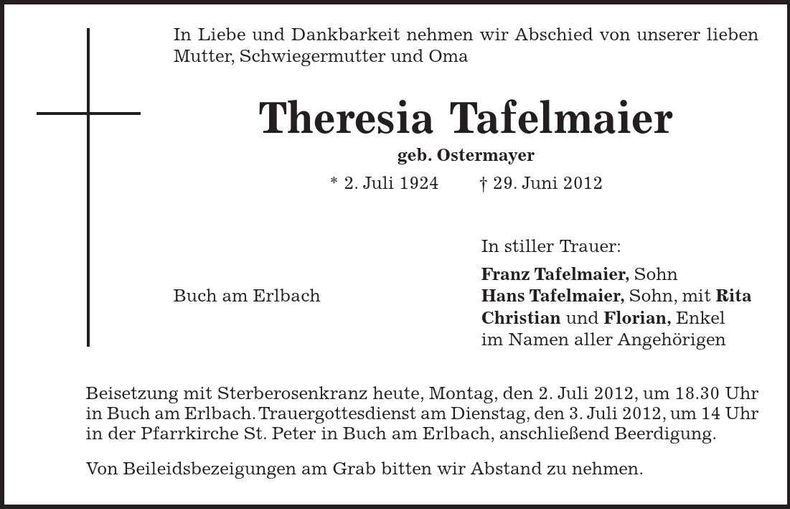 Traueranzeige Theresia Tafelmaier