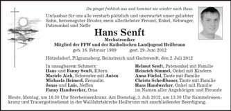 Traueranzeige Senft Hans
