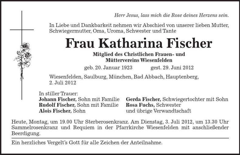 Traueranzeige Katharina Fischer