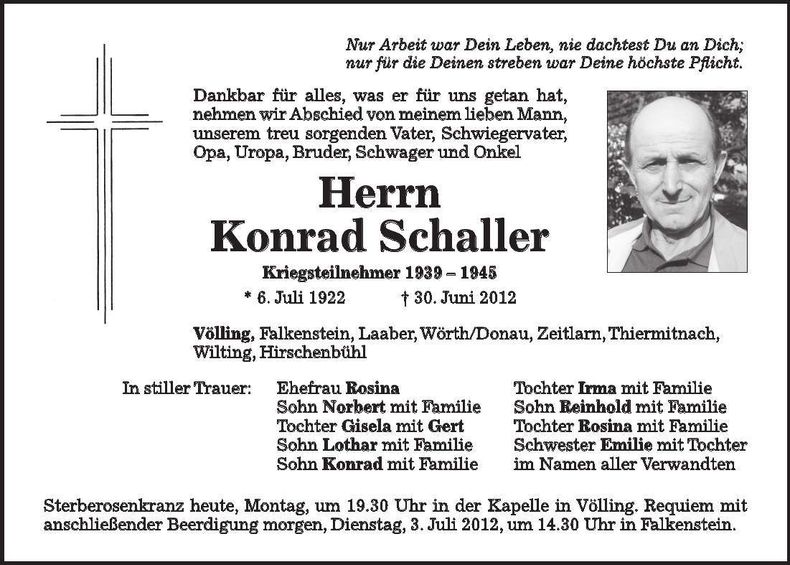 Traueranzeige Konrad Schaller