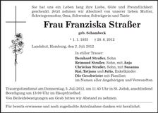 Traueranzeige Franziska Straßer