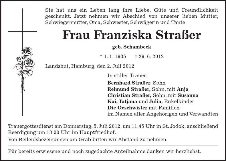 Traueranzeige Franziska Straßer