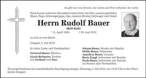 Traueranzeige Rudolf Bauer