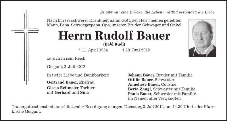 Traueranzeige Rudolf Bauer