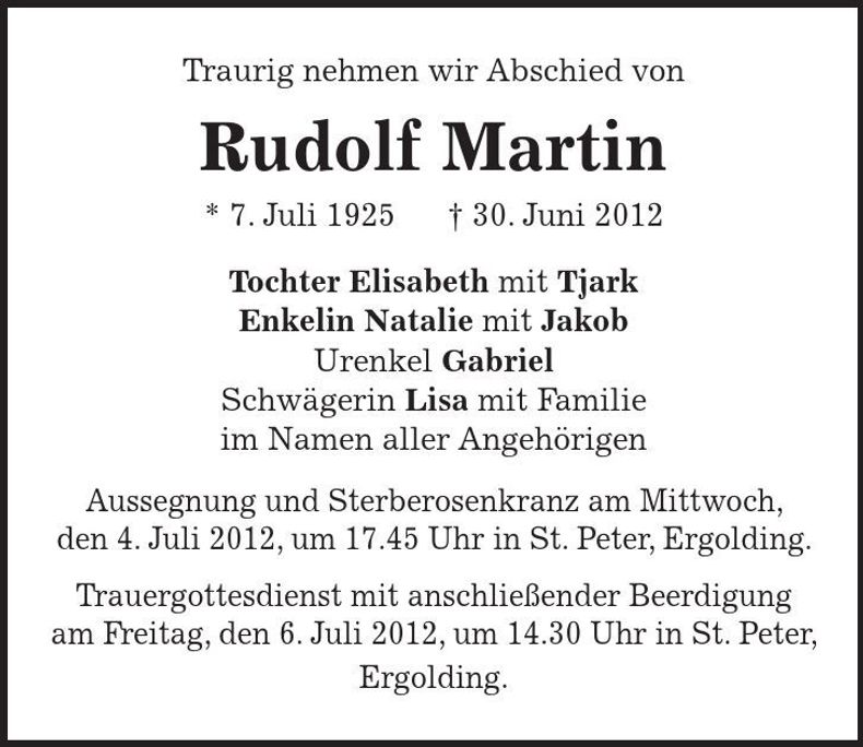 Traueranzeige Rudolf Martin