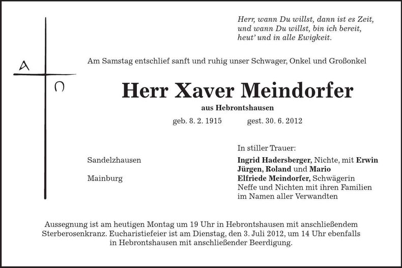 Traueranzeige Xaver Meindorfer