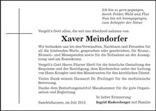 Traueranzeige Xaver Meindorfer