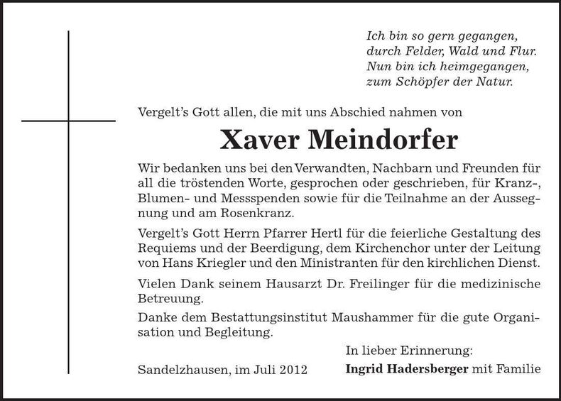 Traueranzeige Xaver Meindorfer