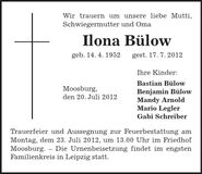 Traueranzeige Ilona Bülow
