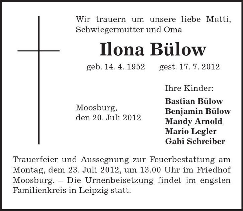 Traueranzeige Ilona Bülow