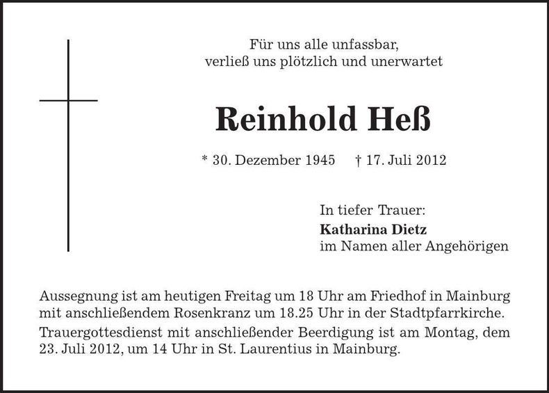 Traueranzeige Reinhold Heß