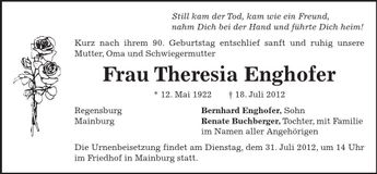 Traueranzeige Theresia Enghofer