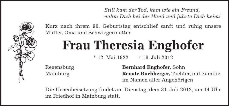 Traueranzeige Theresia Enghofer