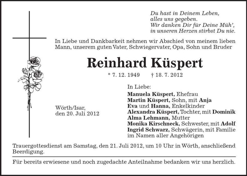 Traueranzeige Reinhard Küspert