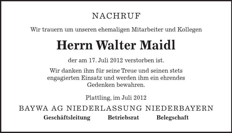 Traueranzeige Walter Maidl