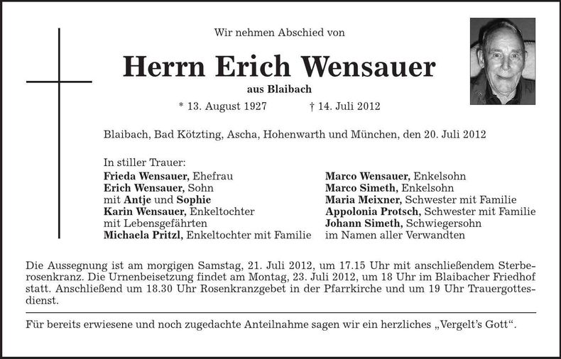 Traueranzeige Erich Wensauer
