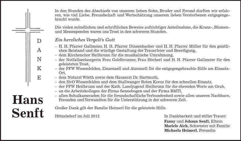 Traueranzeige Hans Senft