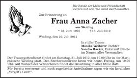 Traueranzeige Anna Zacher
