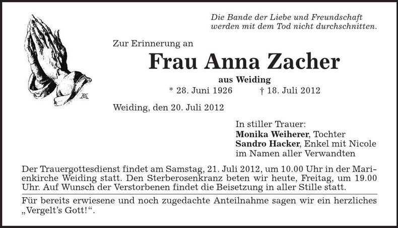 Traueranzeige Anna Zacher
