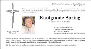 Traueranzeige Kunigunde Spring
