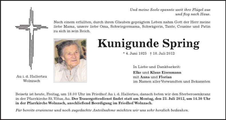 Traueranzeige Kunigunde Spring