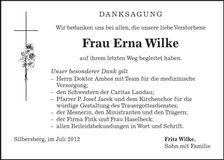 Traueranzeige Erna Wilke