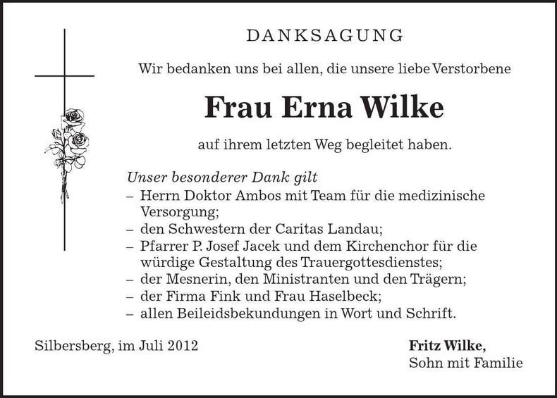 Traueranzeige Erna Wilke