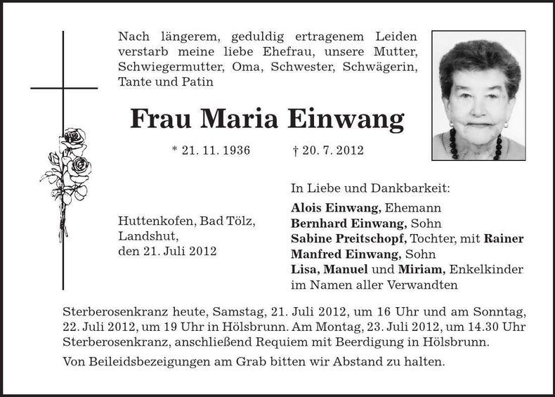 Traueranzeige Maria Einwang