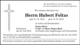 Traueranzeige Hubert Foltas