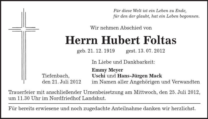 Traueranzeige Hubert Foltas