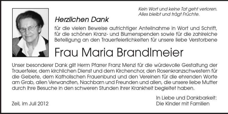 Traueranzeige Maria Brandlmeier
