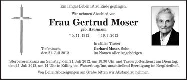 Traueranzeige Gertrud Moser