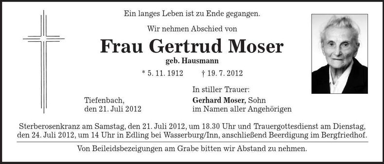 Traueranzeige Gertrud Moser