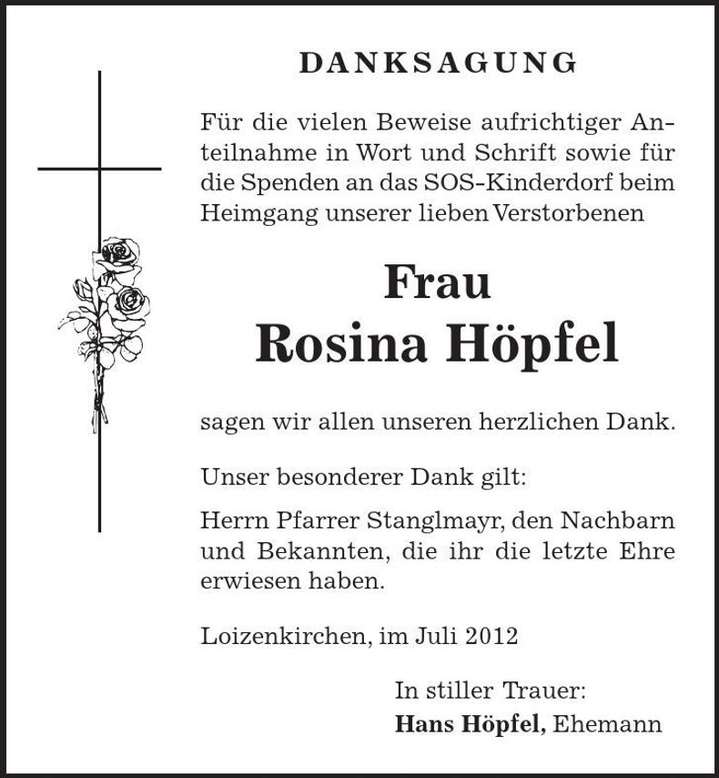 Traueranzeige Rosina Höpfel