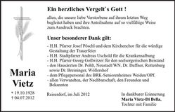 Traueranzeige Maria Vietz