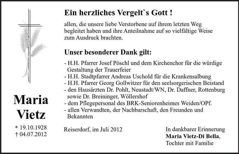 Traueranzeige Maria Vietz
