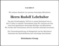 Traueranzeige Rudolf Lehrhuber