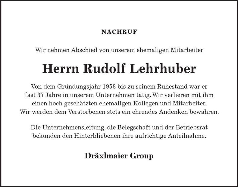 Traueranzeige Rudolf Lehrhuber