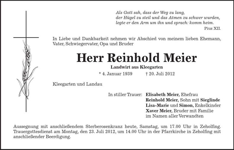 Traueranzeige Reinhold Meier