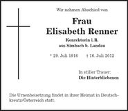 Traueranzeige Elisabeth Renner